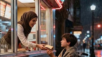 أبٌ يختبر النادلة الوحيدة التي لم تتجاهل ابنه المقعد تحت المطر الغزير